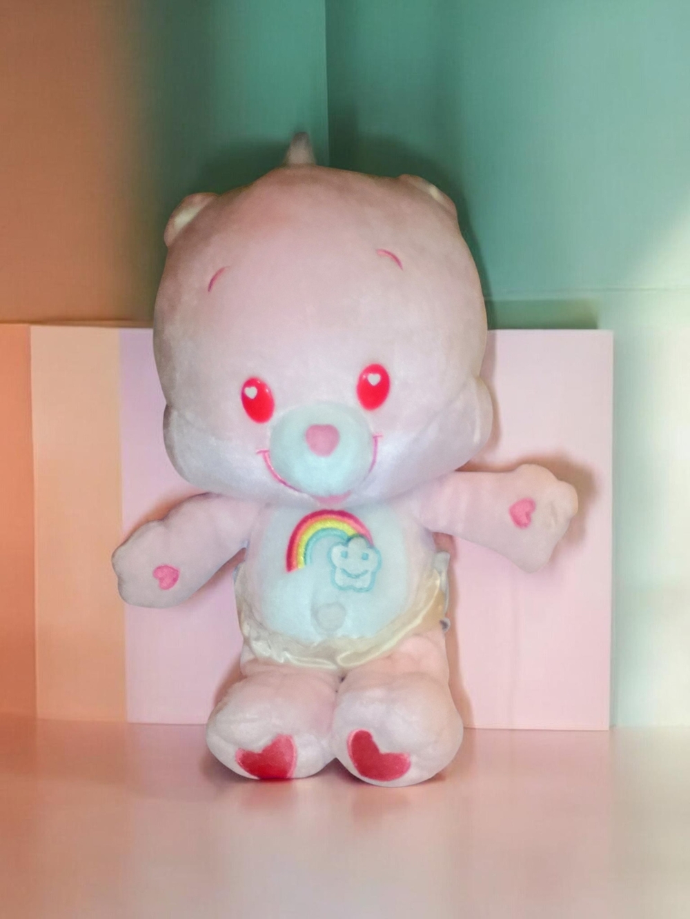 Care Bears Pink Rainbow Heart Belly Plush - Soft Pink & Red Accents